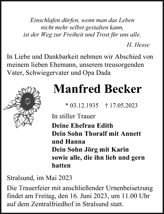Traueranzeige von Manfred Becker von Ostsee-Zeitung GmbH