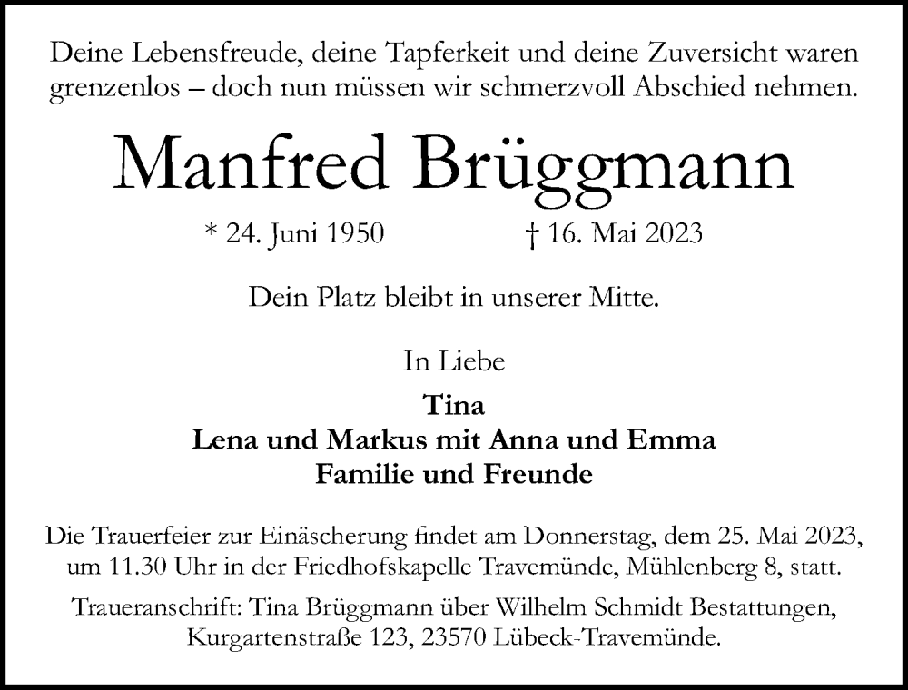  Traueranzeige für Manfred Brüggmann vom 21.05.2023 aus Lübecker Nachrichten