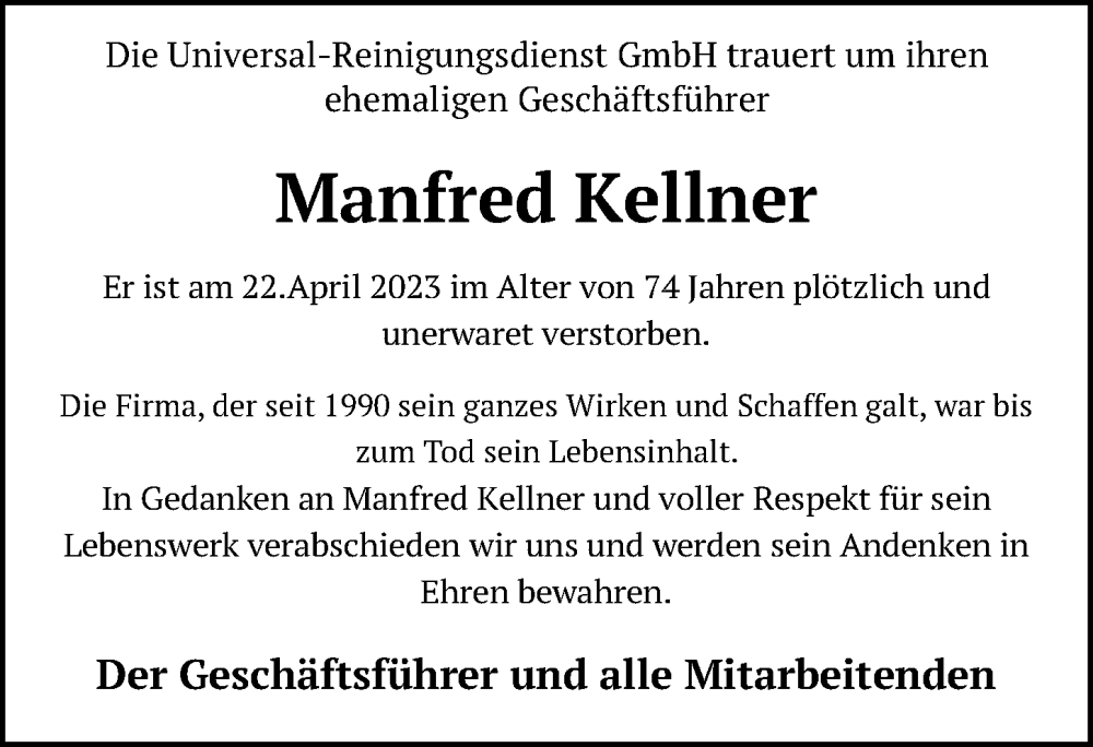  Traueranzeige für Manfred Kellner vom 13.05.2023 aus Leipziger Volkszeitung