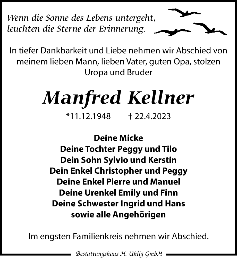  Traueranzeige für Manfred Kellner vom 13.05.2023 aus Leipziger Volkszeitung