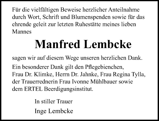 Traueranzeige von Manfred Lembcke von Ostsee-Zeitung GmbH