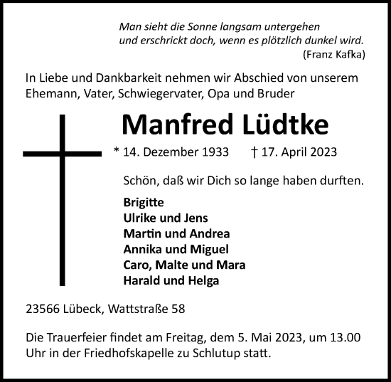 Traueranzeige von Manfred Lüdtke von Lübecker Nachrichten