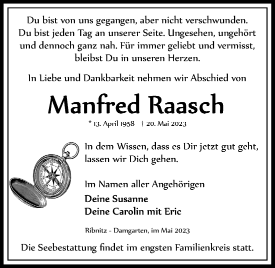 Traueranzeige von Manfred Raasch von Ostsee-Zeitung GmbH