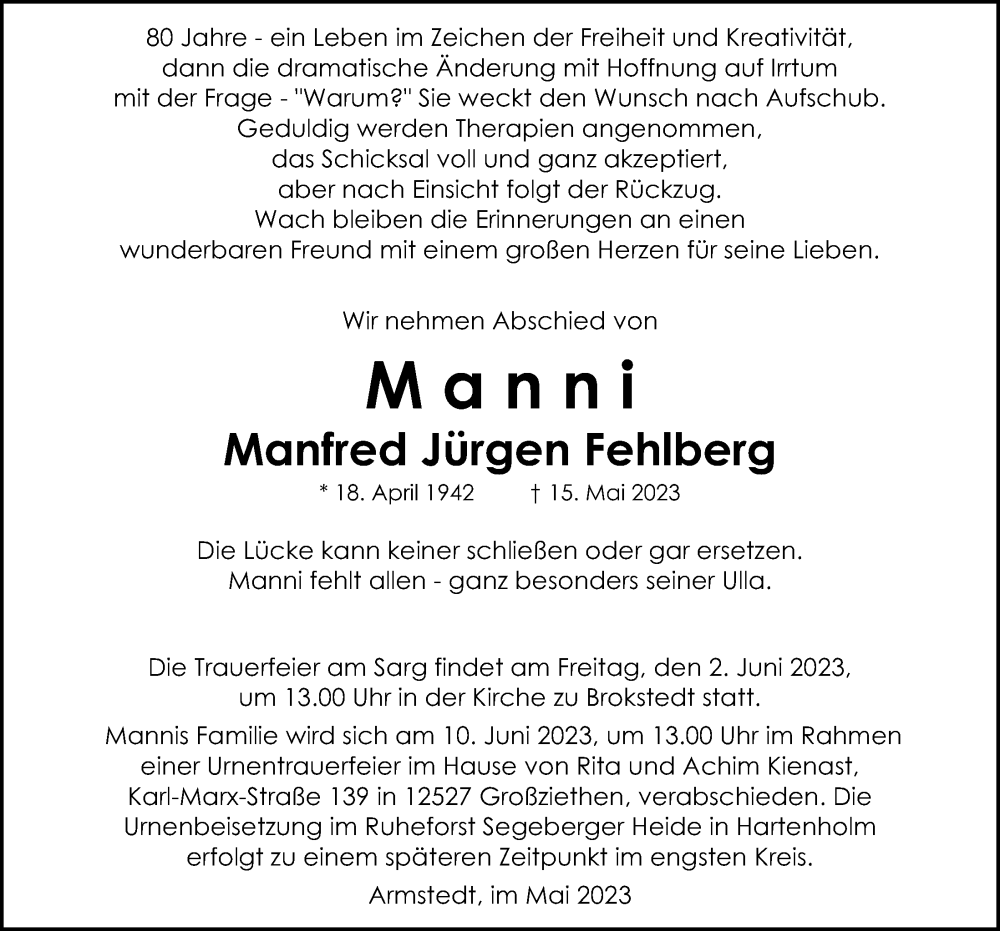  Traueranzeige für Manfred Jürgen Fehlberg vom 27.05.2023 aus Kieler Nachrichten