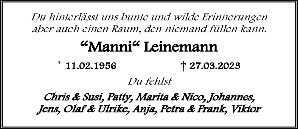  Traueranzeige für Manni Leinemann vom 13.05.2023 aus Hannoversche Allgemeine Zeitung/Neue Presse