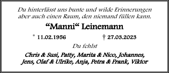Traueranzeige von Manni Leinemann von Hannoversche Allgemeine Zeitung/Neue Presse