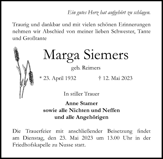 Traueranzeige von Marga Siemers von Lübecker Nachrichten
