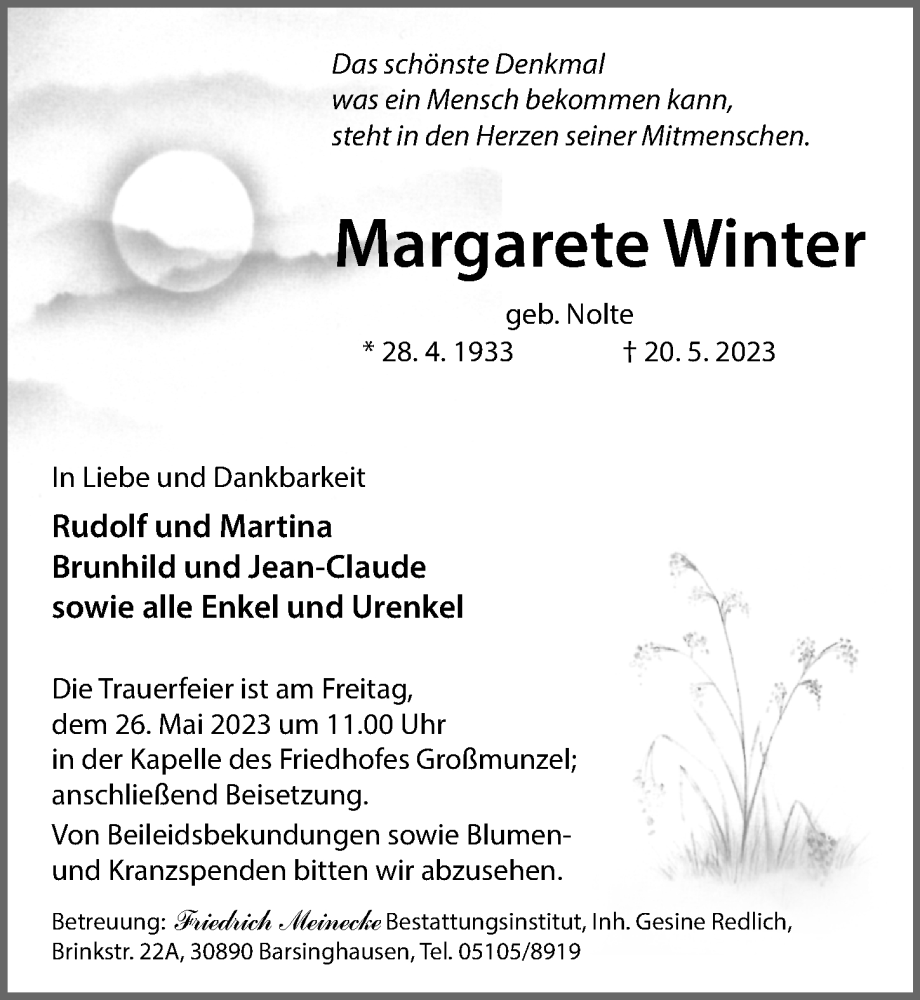  Traueranzeige für Margarete Winter vom 24.05.2023 aus Hannoversche Allgemeine Zeitung/Neue Presse