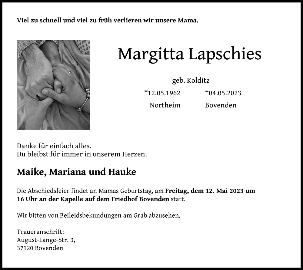  Traueranzeige für Margitta Lapschies vom 06.05.2023 aus Göttinger Tageblatt