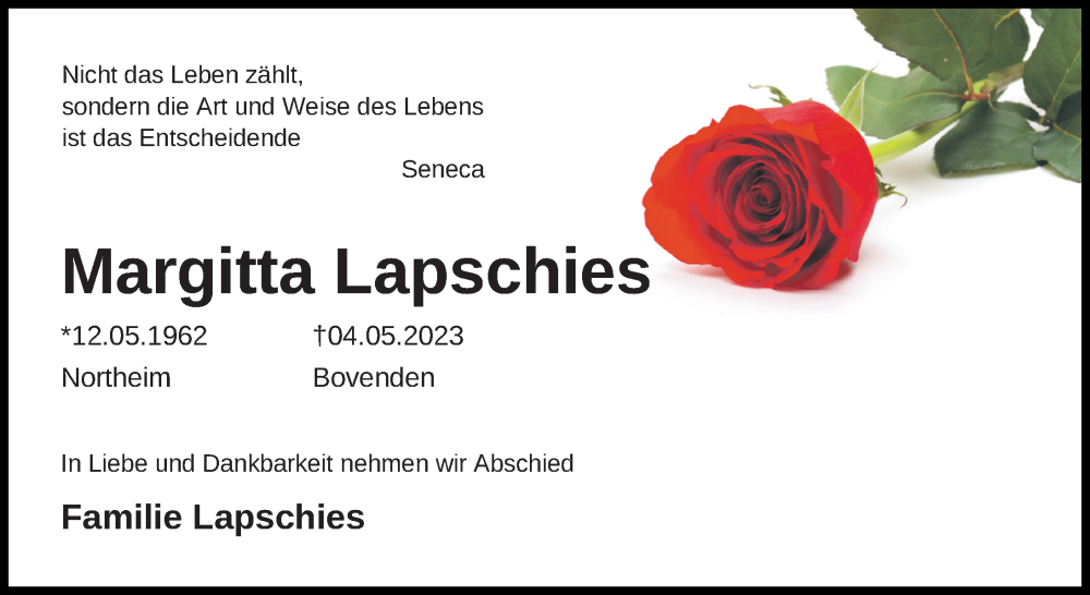  Traueranzeige für Margitta Lapschies vom 06.05.2023 aus Göttinger Tageblatt