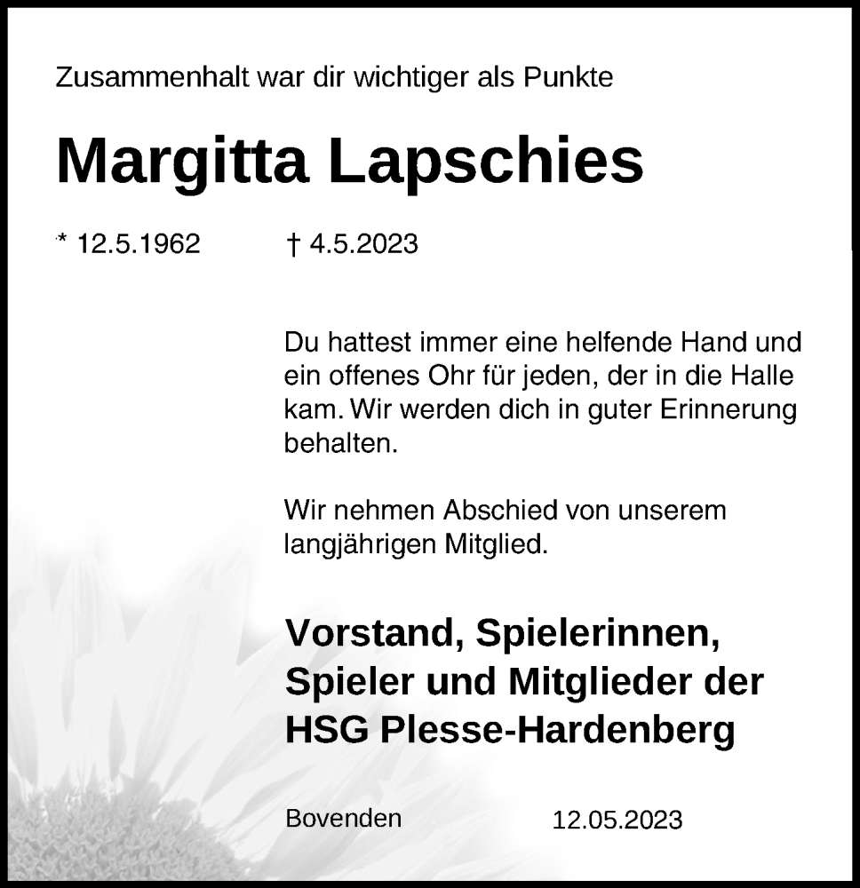  Traueranzeige für Margitta Lapschies vom 12.05.2023 aus Göttinger Tageblatt