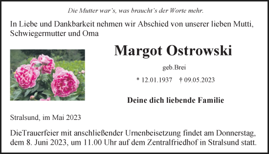 Traueranzeige von Margot Ostrowski von Ostsee-Zeitung GmbH