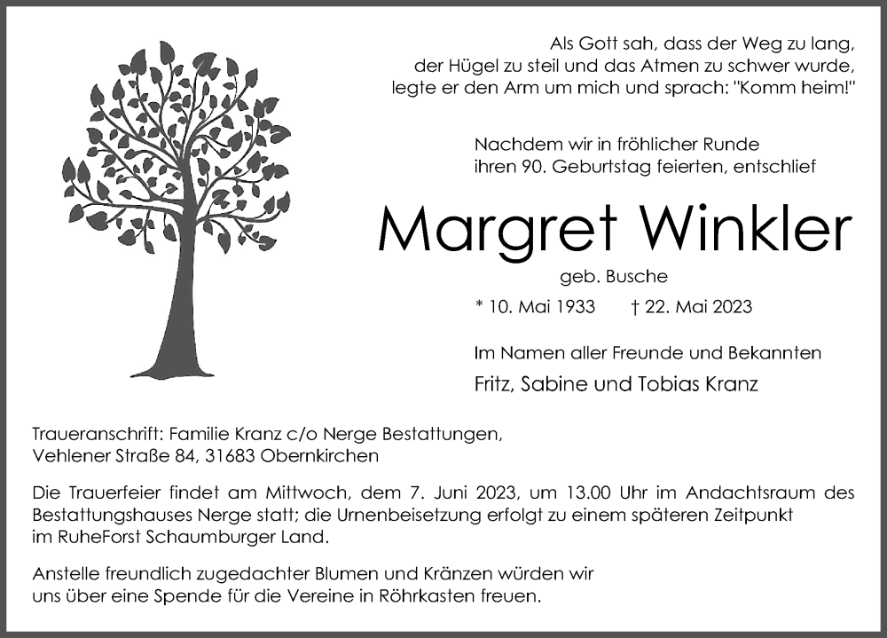  Traueranzeige für Margret Winkler vom 27.05.2023 aus Schaumburger Nachrichten