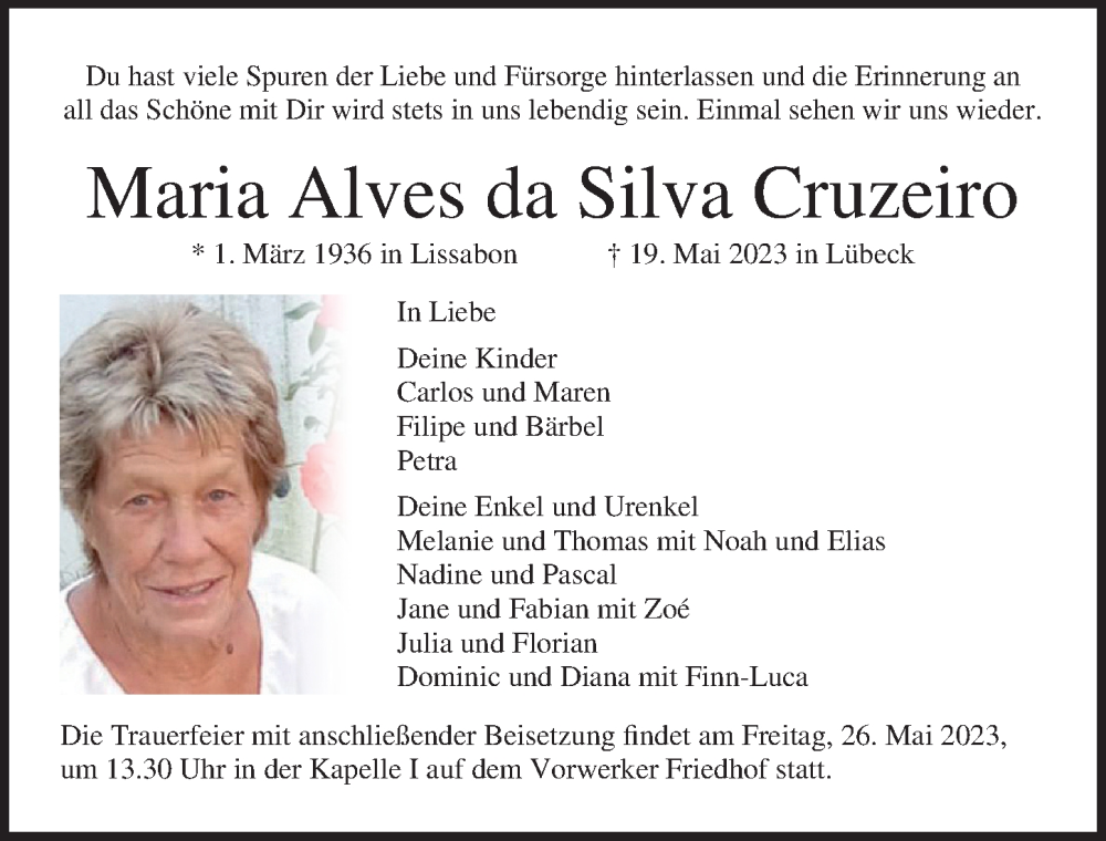  Traueranzeige für Maria Alves da Silva Cruzeiro vom 24.05.2023 aus Lübecker Nachrichten