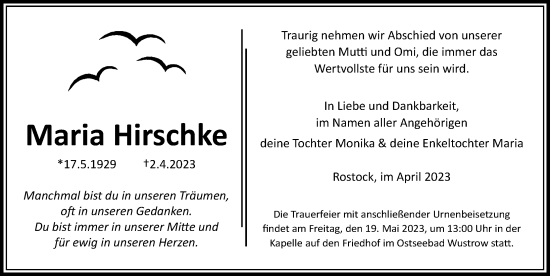 Traueranzeige von Maria Hirschke von Ostsee-Zeitung GmbH