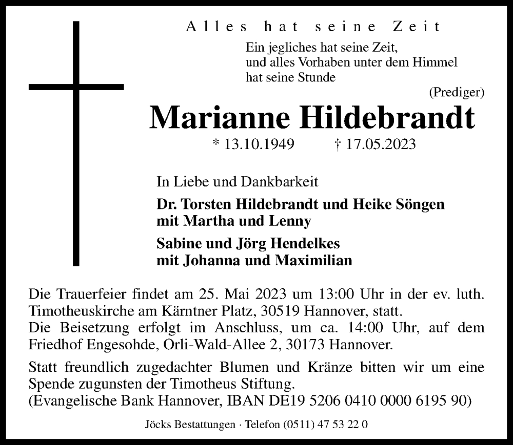  Traueranzeige für Marianne Hildebrandt vom 20.05.2023 aus Hannoversche Allgemeine Zeitung/Neue Presse