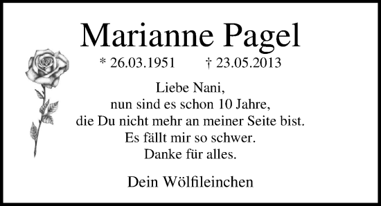 Traueranzeige von Marianne Pagel von Ostsee-Zeitung GmbH