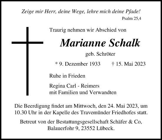 Traueranzeige von Marianne Schalk von Lübecker Nachrichten