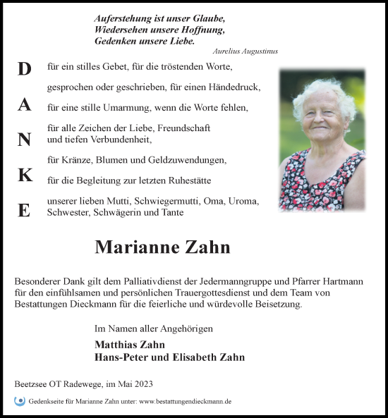 Traueranzeige von Marianne Zahn von Märkischen Allgemeine Zeitung