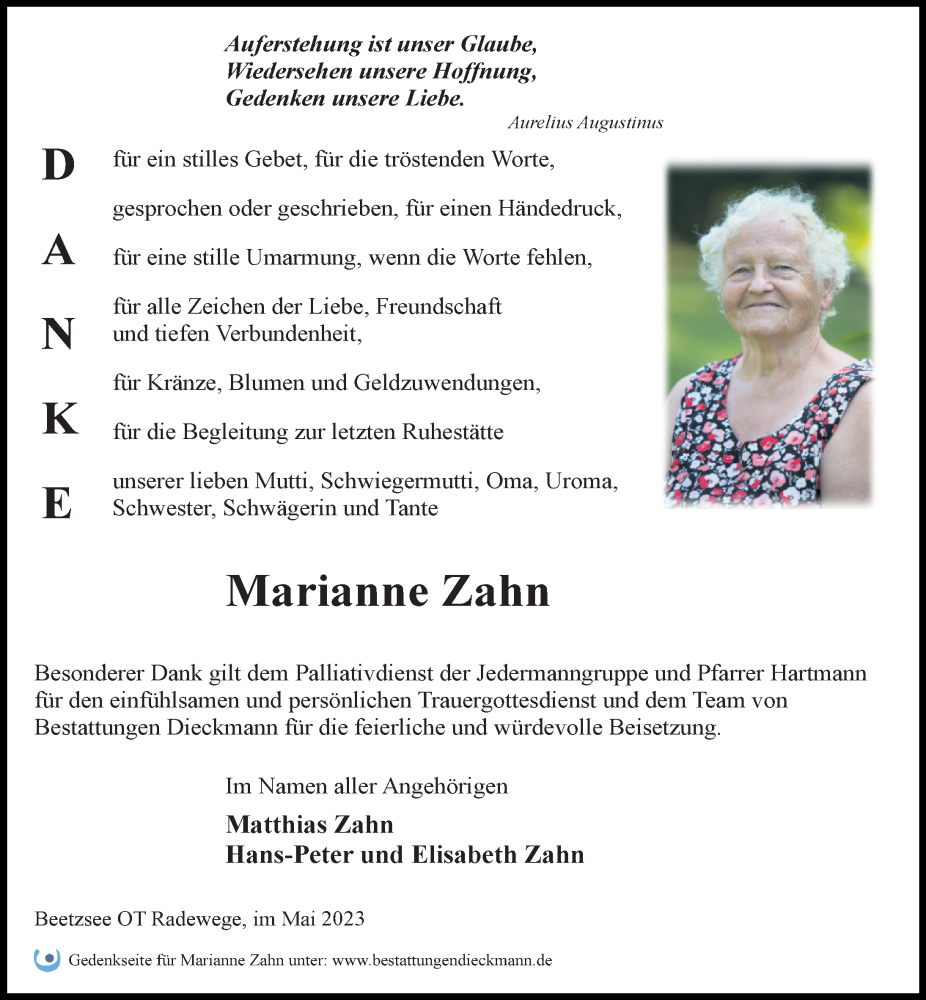  Traueranzeige für Marianne Zahn vom 20.05.2023 aus Märkischen Allgemeine Zeitung