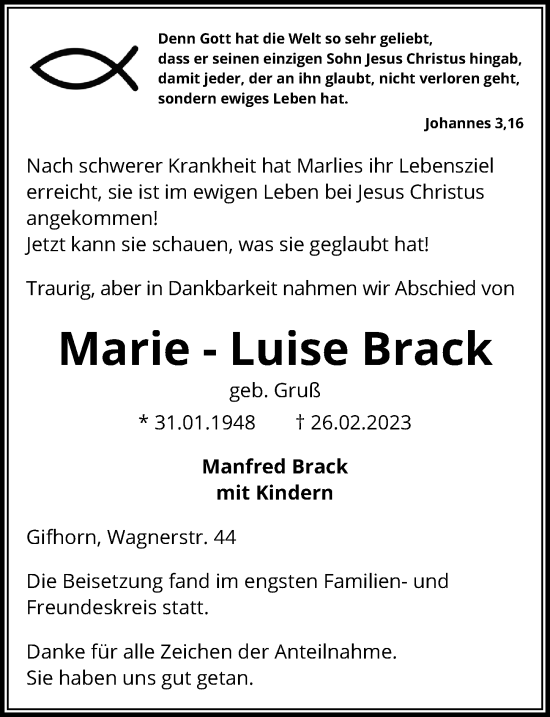Traueranzeige von Marie-Luise Brack von Aller Zeitung