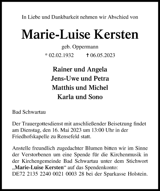 Traueranzeige von Marie-Luise Kersten von Lübecker Nachrichten