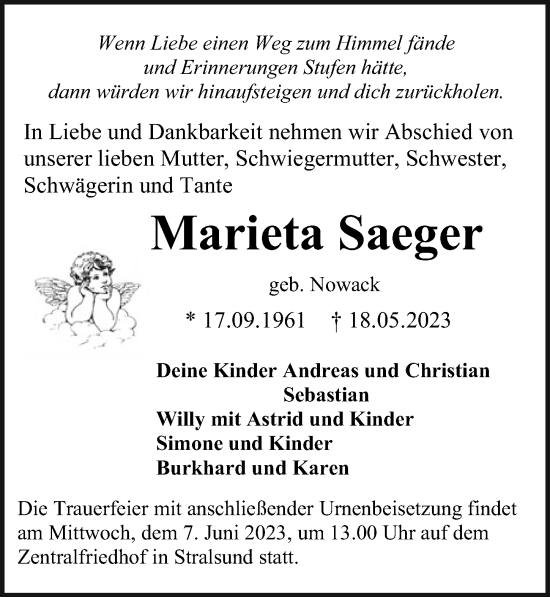 Traueranzeige von Marieta Saeger von Ostsee-Zeitung GmbH