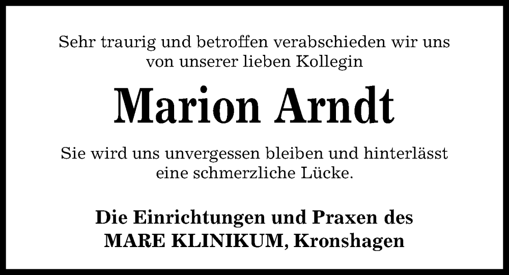  Traueranzeige für Marion Arndt vom 20.05.2023 aus Kieler Nachrichten