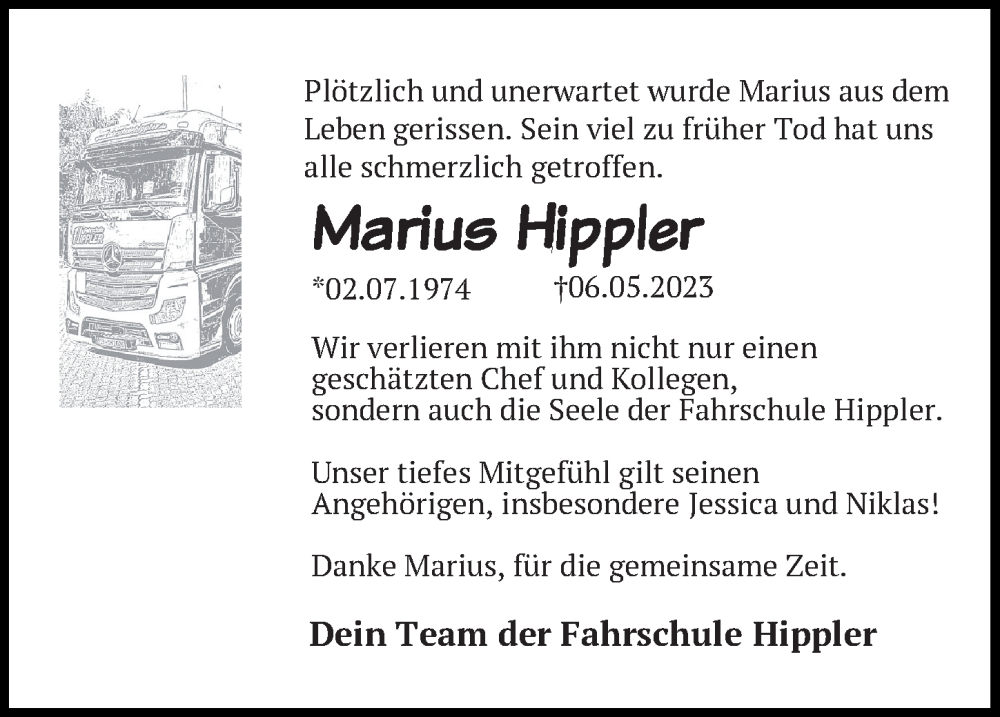 Traueranzeige für Marius Hippler vom 09.05.2023 aus Lübecker Nachrichten