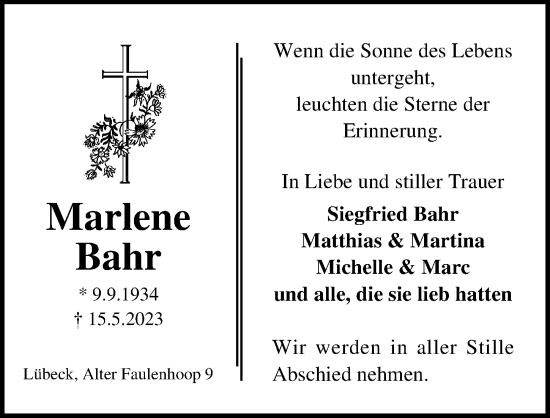Traueranzeige von Marlene Bahr von Lübecker Nachrichten
