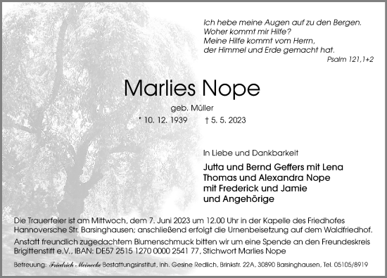 Traueranzeige von Marlies Nope von Hannoversche Allgemeine Zeitung/Neue Presse