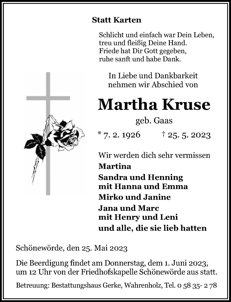  Traueranzeige für Martha Kruse vom 27.05.2023 aus Aller Zeitung