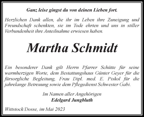 Traueranzeige von Martha Schmidt von Märkischen Allgemeine Zeitung
