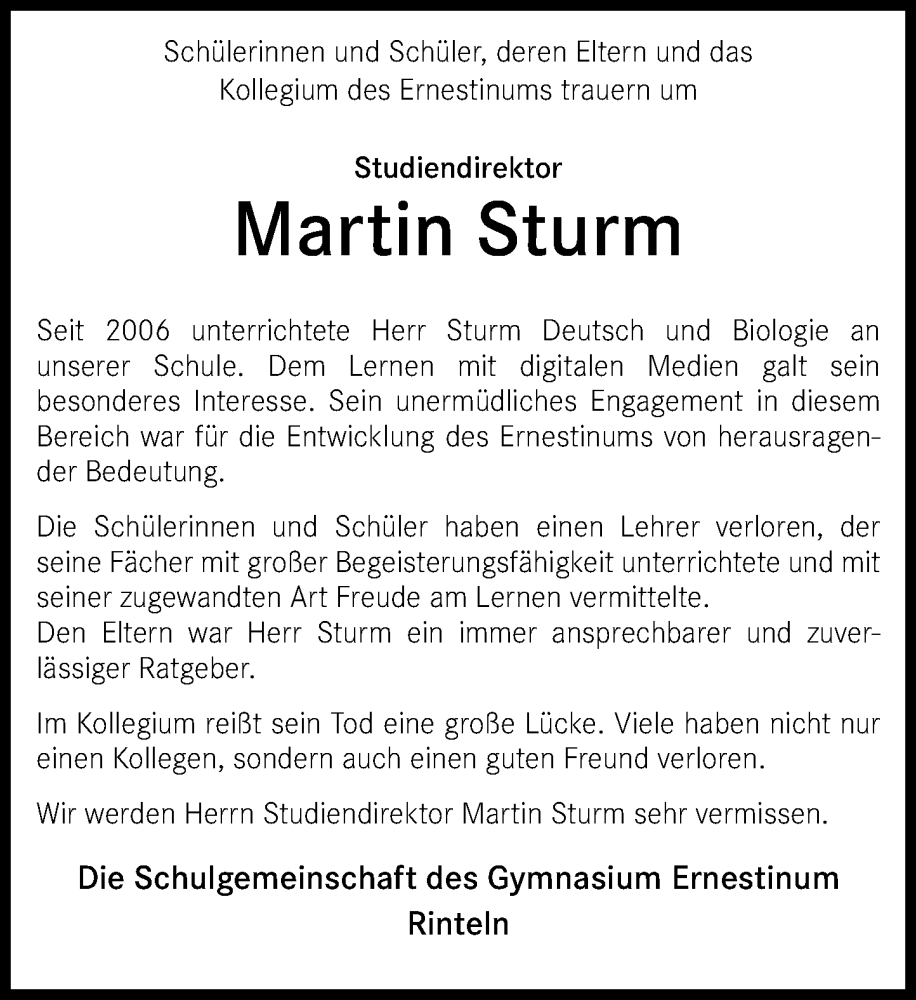  Traueranzeige für Martin Sturm vom 31.05.2023 aus Schaumburger Nachrichten