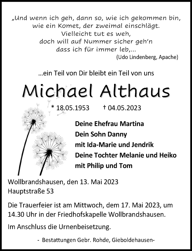  Traueranzeige für Michael Althaus vom 13.05.2023 aus Eichsfelder Tageblatt