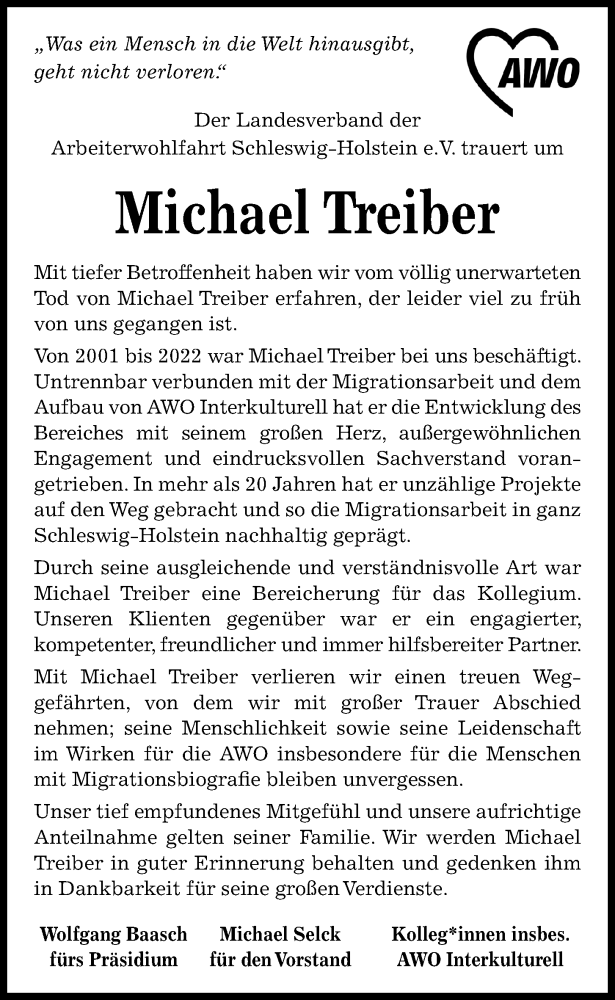  Traueranzeige für Michael Treiber vom 27.05.2023 aus Kieler Nachrichten