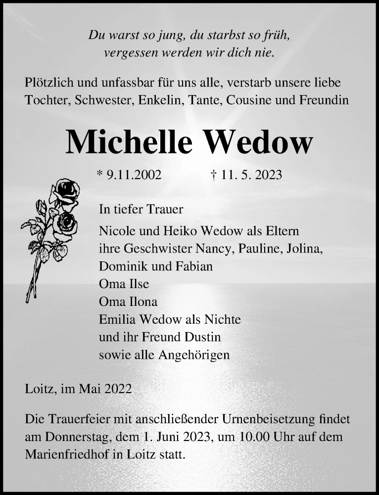  Traueranzeige für Michelle Wedow vom 20.05.2023 aus Ostsee-Zeitung GmbH