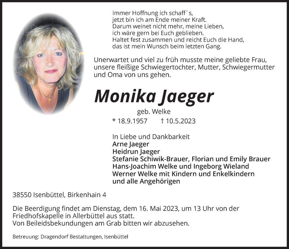  Traueranzeige für Monika Jaeger vom 13.05.2023 aus Aller Zeitung