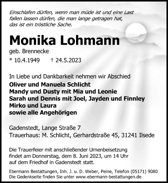 Traueranzeige von Monika Lohmann von Peiner Allgemeine Zeitung