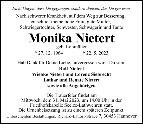 Traueranzeige von Monika Nietert von Hannoversche Allgemeine Zeitung/Neue Presse