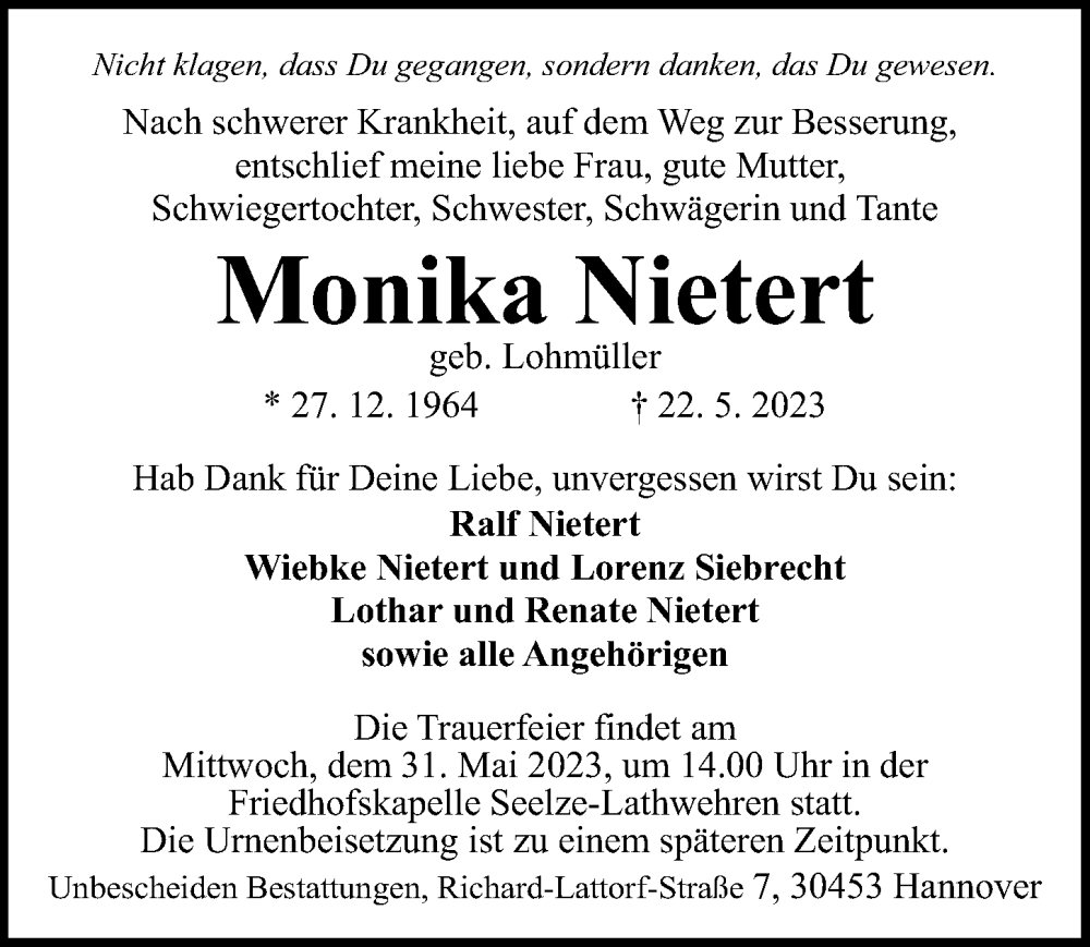  Traueranzeige für Monika Nietert vom 27.05.2023 aus Hannoversche Allgemeine Zeitung/Neue Presse