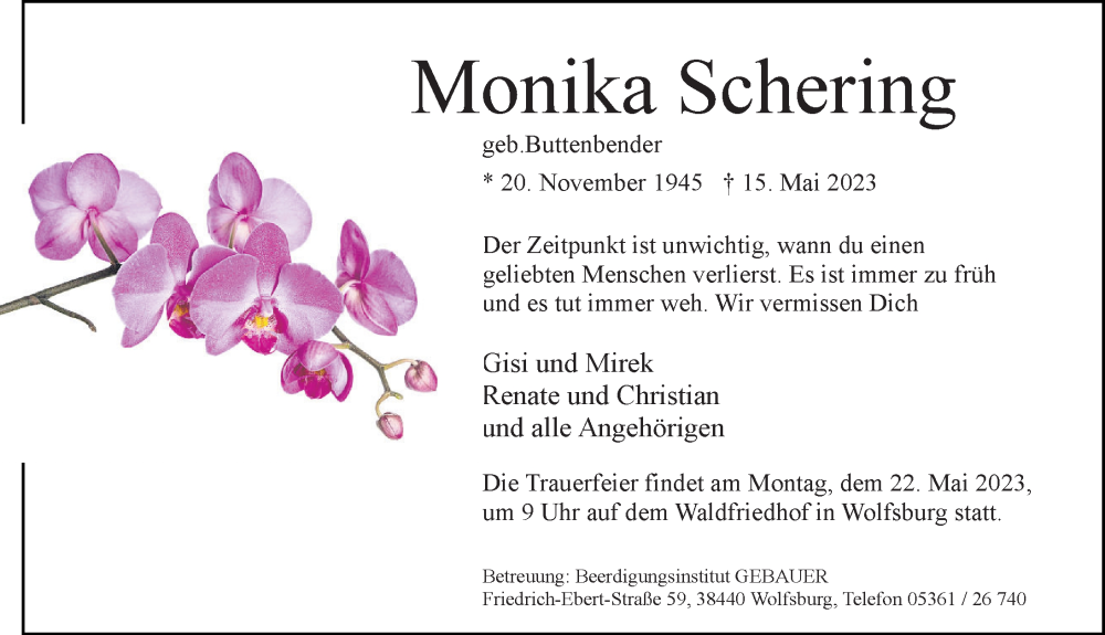  Traueranzeige für Monika Schering vom 19.05.2023 aus Aller Zeitung