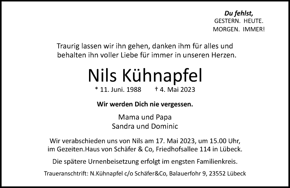  Traueranzeige für Nils Kühnapfel vom 14.05.2023 aus Lübecker Nachrichten