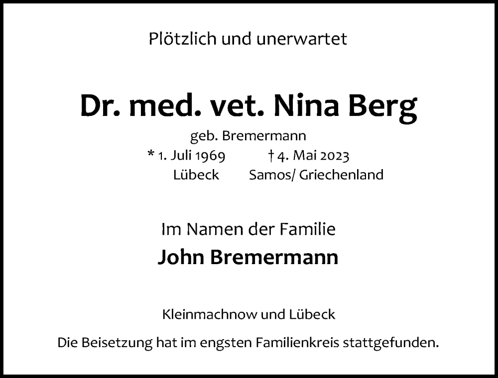  Traueranzeige für Nina Berg vom 28.05.2023 aus Lübecker Nachrichten