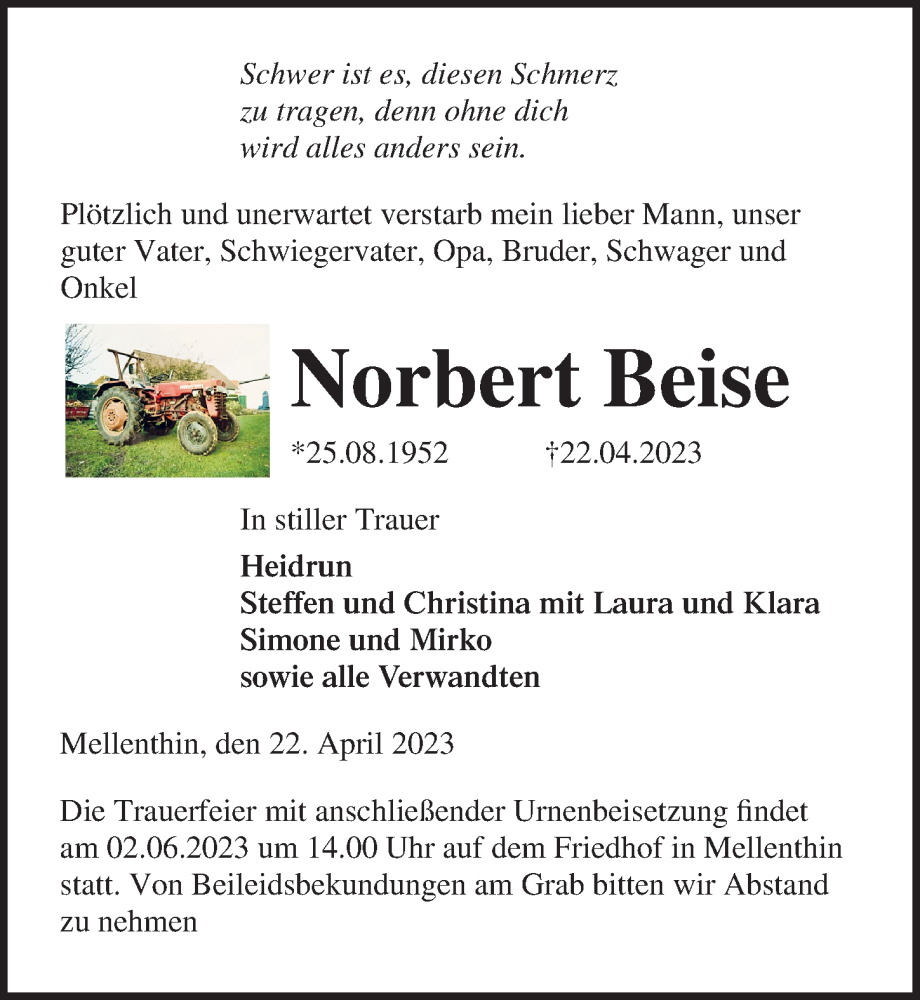  Traueranzeige für Norbert Beise vom 27.05.2023 aus Ostsee-Zeitung GmbH