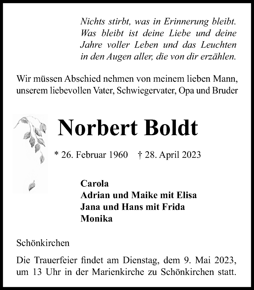  Traueranzeige für Norbert Boldt vom 06.05.2023 aus Kieler Nachrichten