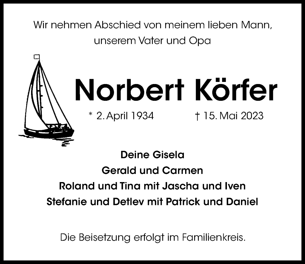  Traueranzeige für Norbert Körfer vom 20.05.2023 aus Kieler Nachrichten