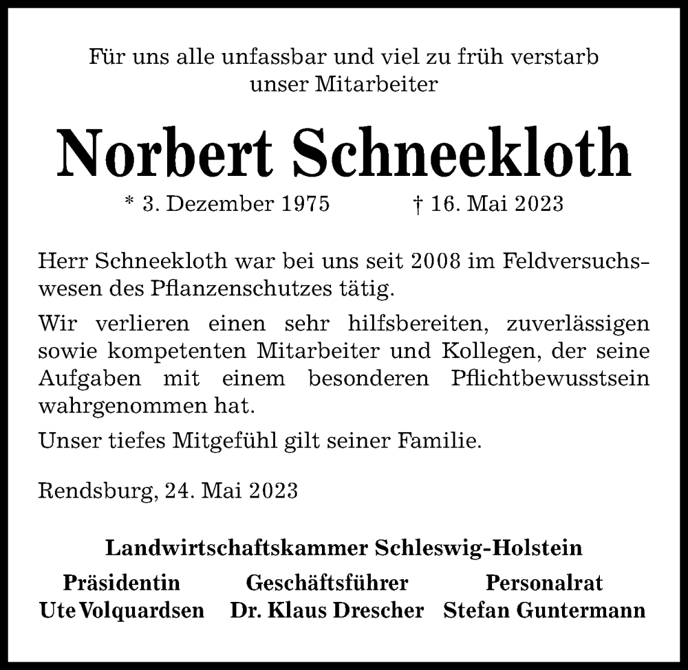  Traueranzeige für Norbert Schneekloth vom 27.05.2023 aus Kieler Nachrichten