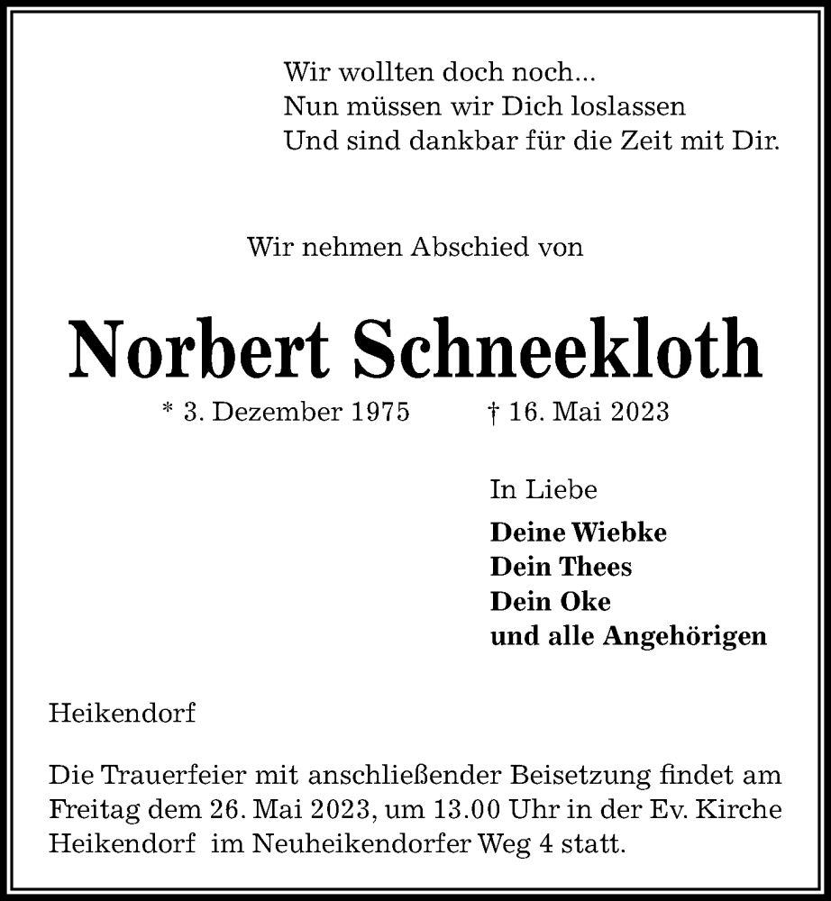 Traueranzeige für Norbert Schneekloth vom 24.05.2023 aus Kieler Nachrichten