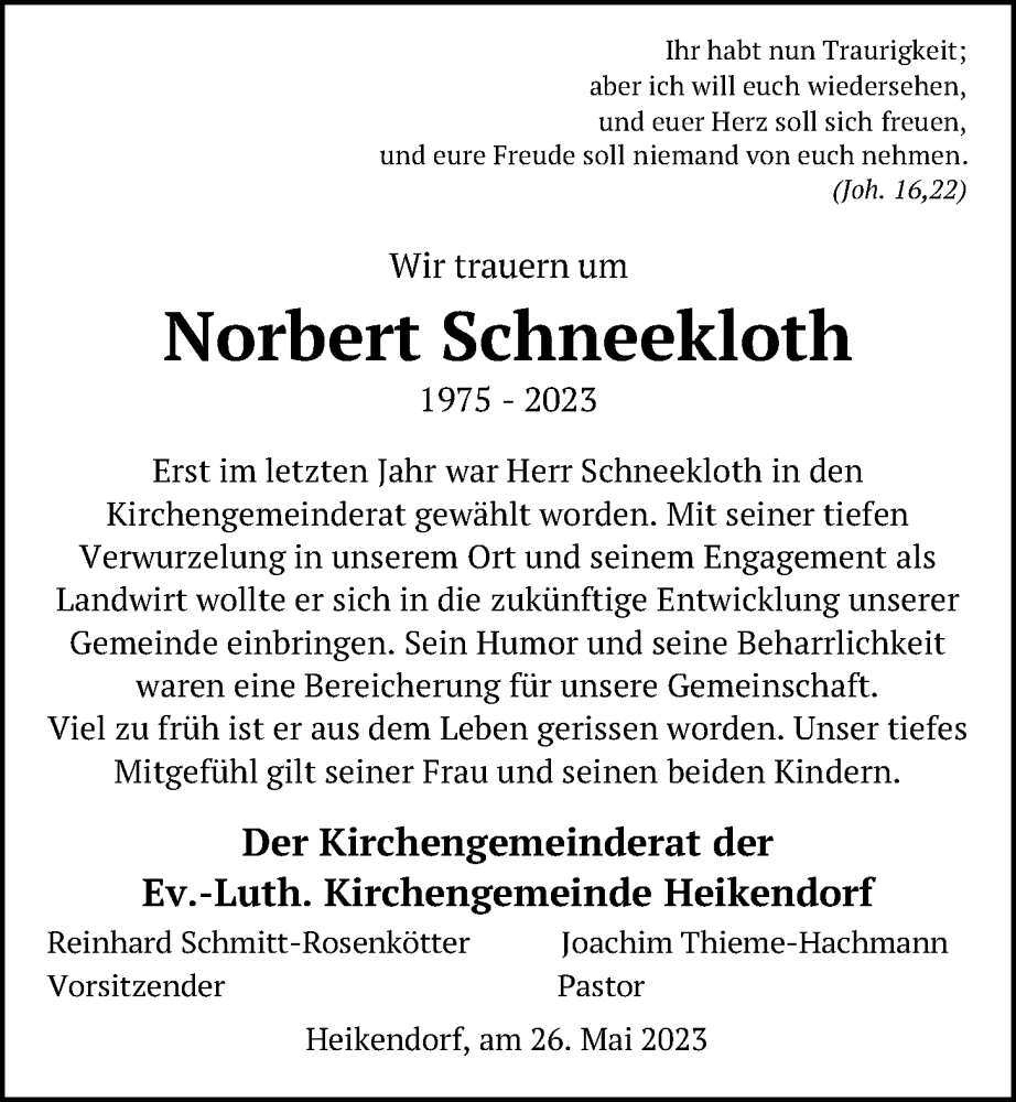  Traueranzeige für Norbert Schneekloth vom 26.05.2023 aus Kieler Nachrichten